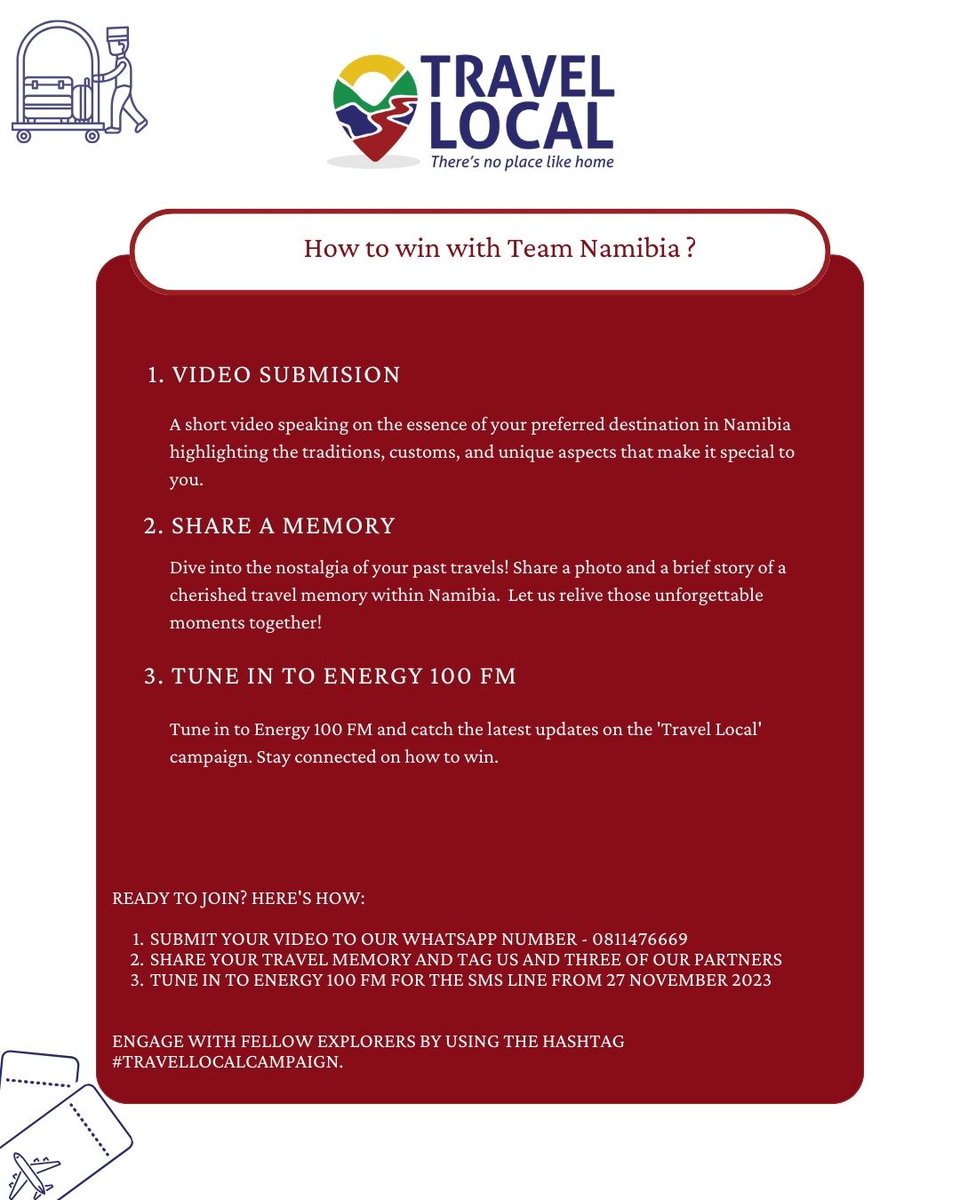 #TravelLocalCompetition Alert! 🚗✨

Dive into the 'Travel Local' Competition Adventure! 
November 24th to December 18th

Participate and stand a chance to WIN incredible prizes that celebrate the beauty of Namibia.