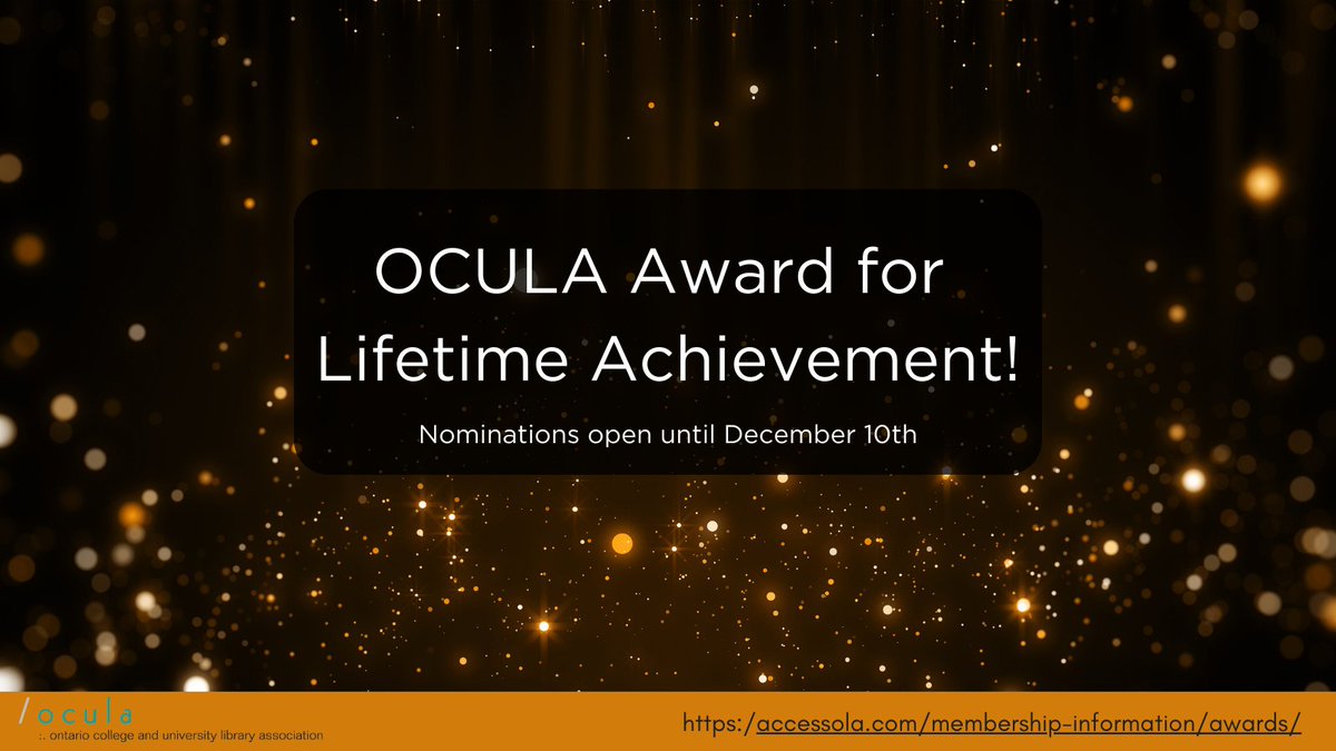 We're looking for nominees for the OCULA Lifetime Achievement Award!

Do you know a role model who has made an outstanding contribution to academic or research library development through their services, research, or programming?

Nominate them today! accessola.com/membership-inf…