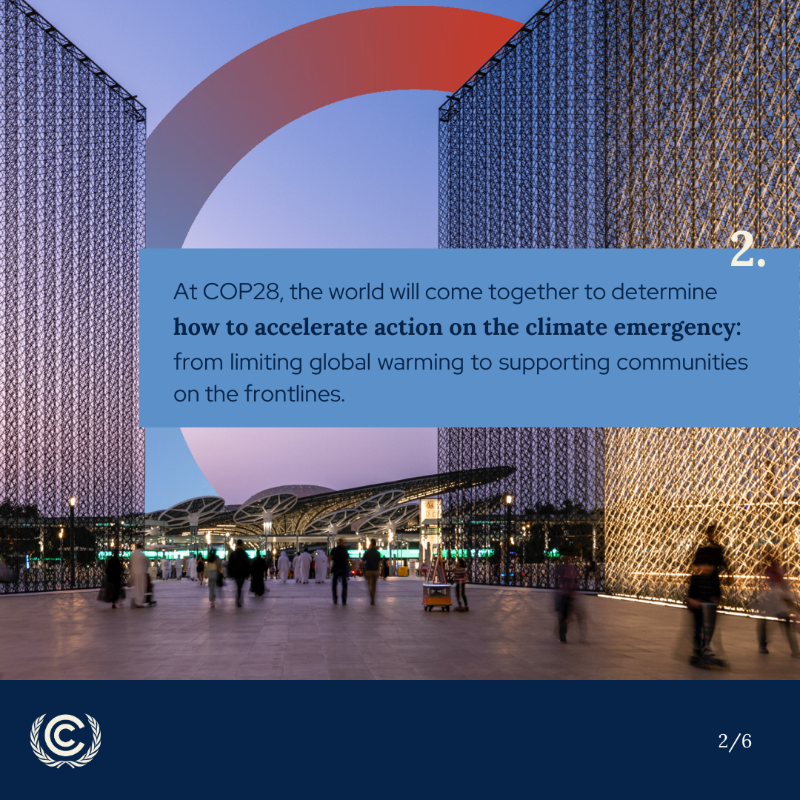 UNFCCC's tweet photo. Are you ready for #COP28?
 
🗓️ 30 Nov – 12 Dec  
📍Dubai, United Arab Emirates  
 
Here are six things you should know about the largest annual climate summit! 👇
