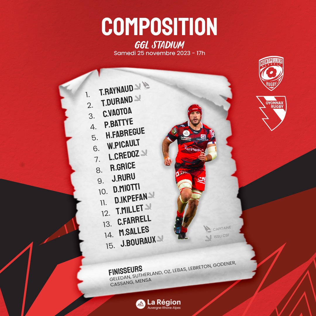📜 𝗧𝗘𝗔𝗠 𝗢𝗬𝗢 I avec la Région <a href="/auvergnerhalpes/">Auvergne-Rhône-Alpes</a>

🏆 <a href="/top14rugby/">TOP 14 Rugby</a> J.8
🆚 <a href="/MHR_officiel/">Montpellier Rugby</a>
🏟️ GGL Stadium
🗓️ Samedi 25 Novembre
⏱️ 17h

#TOP14 #MHROYO #TOUSOYOMEN
