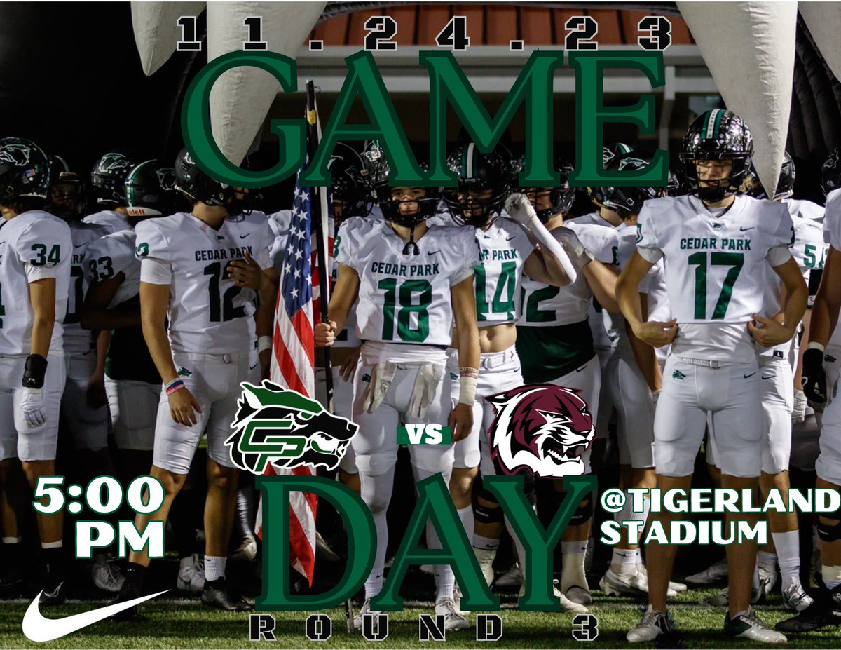 WAKE UP ITS GAME DAY
🚨ROUND 3🚨
🆚 | A&M Consolidated 
📅 | Friday, Nov. 24th
⏰ | 5:00 pm 
🏟 | Tigerland Stadium
🎟 | spicket.events/consoltigers
#OneStandard #Attack #PartyInThePark @CoachQCPProud @LISD_AD @CedarParkFB