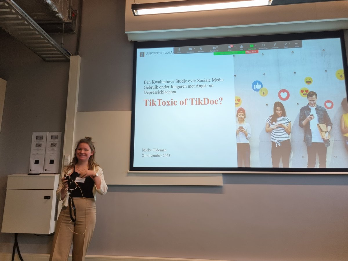 Mieke Oldeman presenteert werk in uitvoering over het gebruik van sociale media bij adolescenten met depressie en angstklachten, met name de consumptie van informatie over geestelijke gezondheid via korte online video's (bijv. TikTok en Instagram) <a href="/ACHC_UvA_/">ACHC</a>
<a href="/MH4AllProject/">MHealth4all</a>
