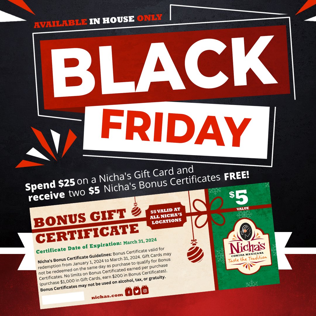 NichasComidaMex's tweet photo. HURRY, TODAY ONLY! Spend $25 on a Nicha's Gift Card and receive an extra $5 bonus certificate FREE! https://t.co/aK4U4U9epr