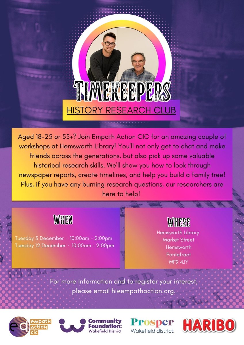 EmpathTheatre's tweet image. Ever wanted to trace your family history but not known where to start? We want to help older and younger people collaborate, communicate &amp;amp; get to know each other in a safe &amp;amp; friendly space while we work on history projects together, &amp;amp; we&apos;re coming to #HemsworthLibrary soon! (p1)