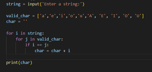 disezankit's tweet image. Here is a program that extracts all the vowel alphabate from the string entered.
#programming
#programmingwithpython
#programmingwithdisezankit
#python