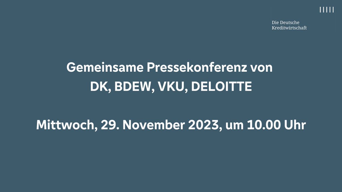 Liebe Pressevertreter, Liebe Pressevertreterinnen, wir laden Sie herzlich ein zum gemeinsamen Pressegespräch von <a href="/bdew_ev/">BDEW</a>., <a href="/VKUonline/">VKU</a>  - , #DeutscheKreditwirtschaft und <a href="/Deloitte/">Deloitte</a> zum Strategiepapier „Kapital für die Energiewende“ Anmeldung per E-Mail: presse@bdew.de