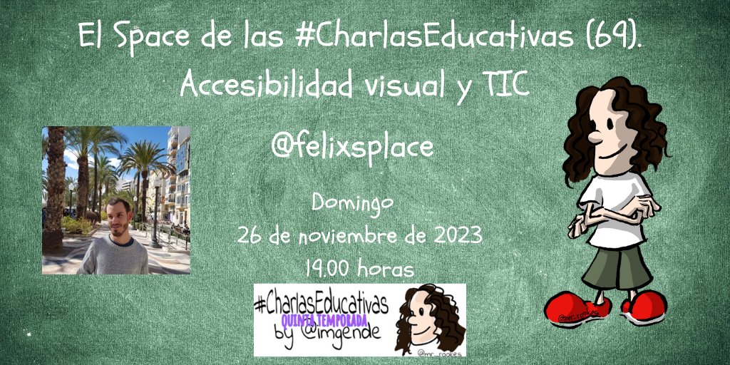🟣 Este domingo, en el Space de vuestras #CharlasEducativas, hablamos de accesibilidad visual y TIC con el gran <a href="/felixsplace/">Félix Couce Arcay</a>. 
¡Os esperamos! 🥰