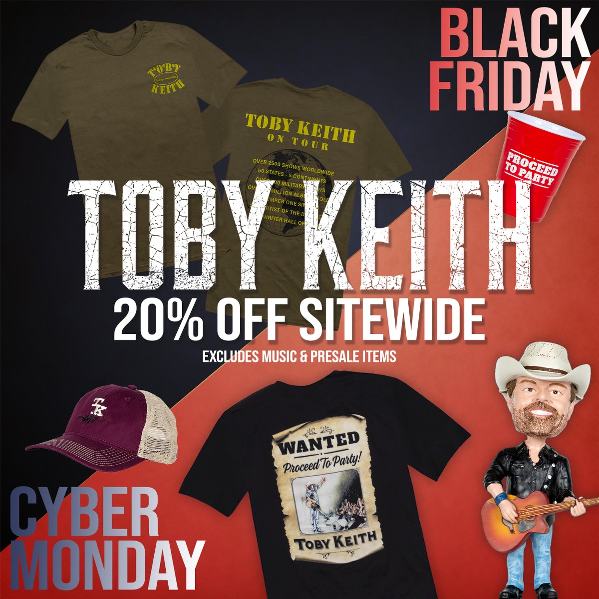 tobykeith's tweet photo. The Black Friday sale is happening in the Toby Keith store! Get 20% off now through Cyber Monday with the code TOBYFALL23 - https://t.co/T5shh8dFYc https://t.co/vdA427x9vv