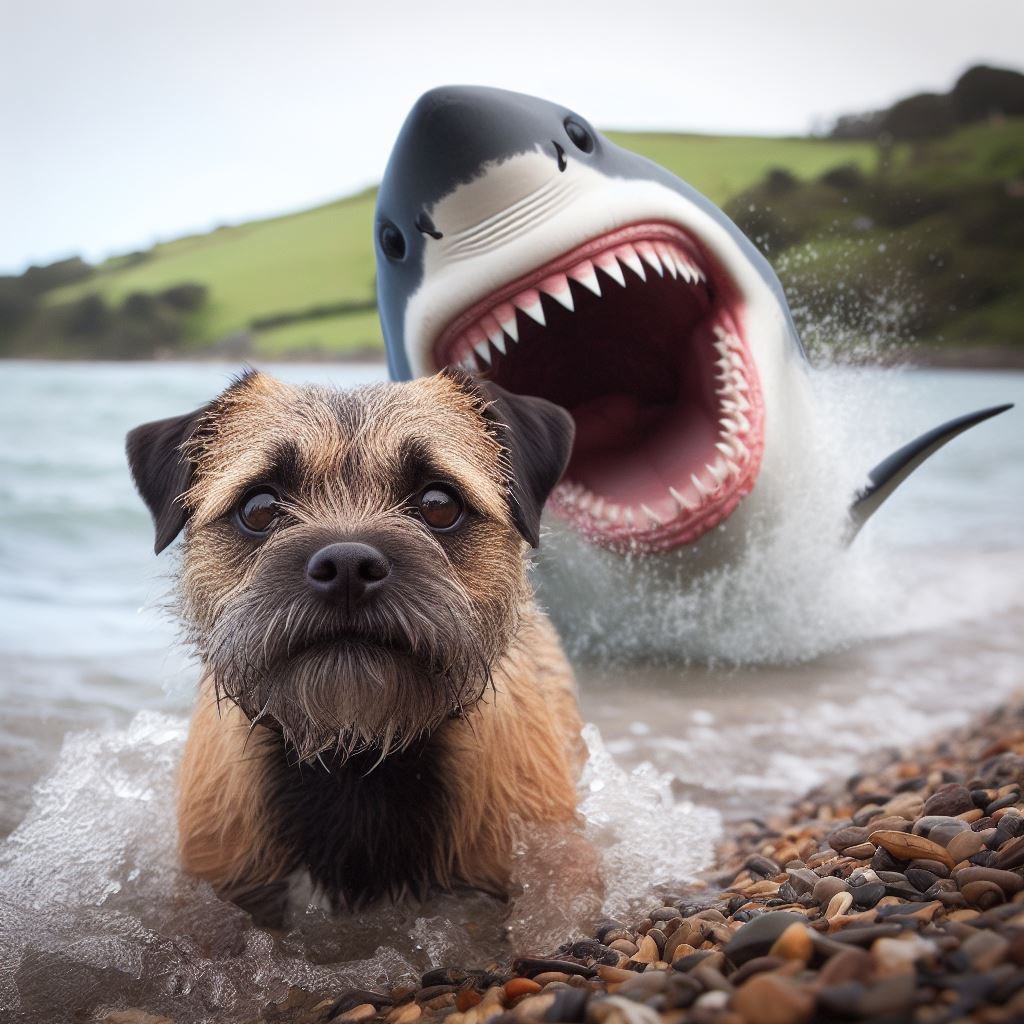 Hi pals I wanted Togo for a swim ,hoodad said no it’s not safe to go in the water ,don’t know what the dummy is on  about #BTPosse #dogoftwitter #sharkweek #dogswimming #dogs #borderterrier