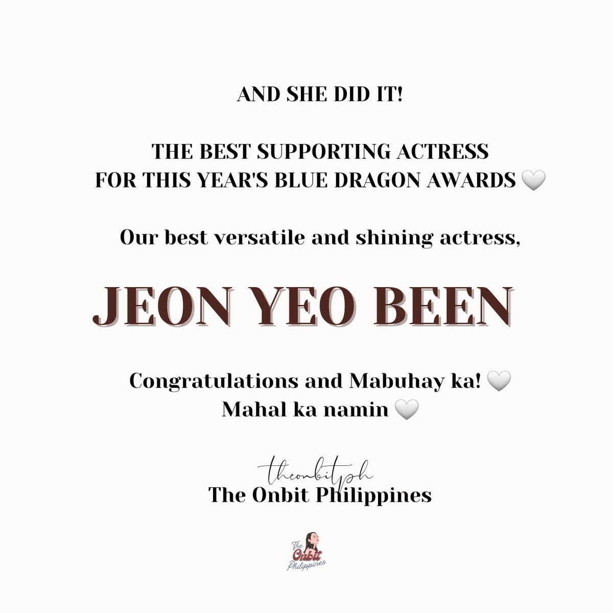 theonbitph's tweet photo. Her efforts and ours weren't short at all! SHE happened for a reason 🤍 ✨️

Our best girl is Blue Dragon's Best Supporting Actress on this year's awards! 🤍✨️

Mahal ka namin #JeonYeoBeen ✨️
#전여빈 https://t.co/XxPQCl5ec5