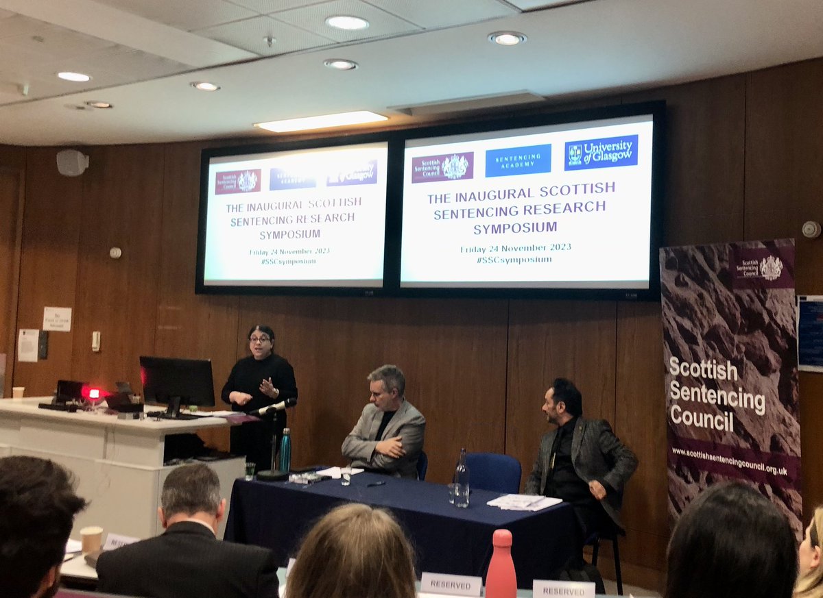 ScotSentencing's tweet photo. @DrHannahGraham @UofGLaw @CYCJScotland @UniofNewcastle @EdinburghUni @UniOfYork Our final session of the day sees Council member Summary Sheriff Amel Elfallah, @UniStrathclyde law professor Cyrus Tata and @UofGLaw criminology professor Fergus McNeill discuss community sentencing and rehabilitation #SSCsymposium https://t.co/yEvOZNvYik