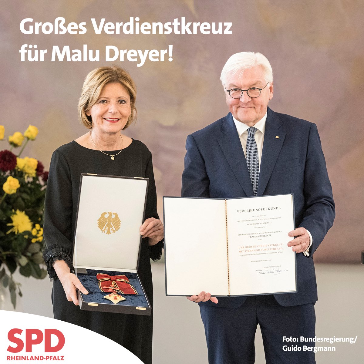 Malu Dreyer ist heute mit dem Großen Verdienstkreuz für ihre herausragenden Verdienste um die Bundesrepublik Deutschland ausgezeichnet worden. Der Landesverband Rheinland-Pfalz gratuliert herzlich!
