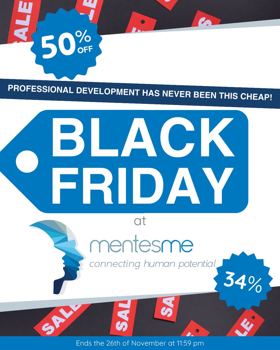 MentesMeGlobal's tweet photo. MentesMe is offering its biggest Black Friday sale ever! With discounts of up to 50% on your personal and professional development for the entire weekend. Go to our LinkedIn, Facebook, or Instagram to view the deals! #blackfriday #communication #professionaldevelopment #discount https://t.co/6WL74PMngF