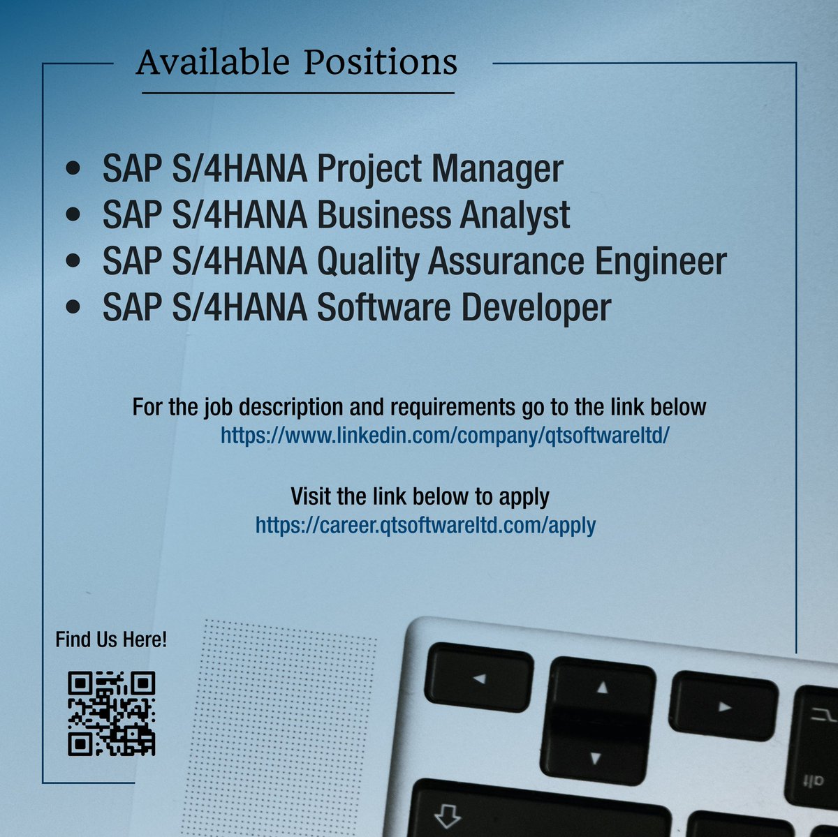 📢QT is hiring!!
We’re expanding our team and looking for talented individuals to join our SAP S/4HANA journey. 
#applytoday #enterprisetech 
@Umurava_