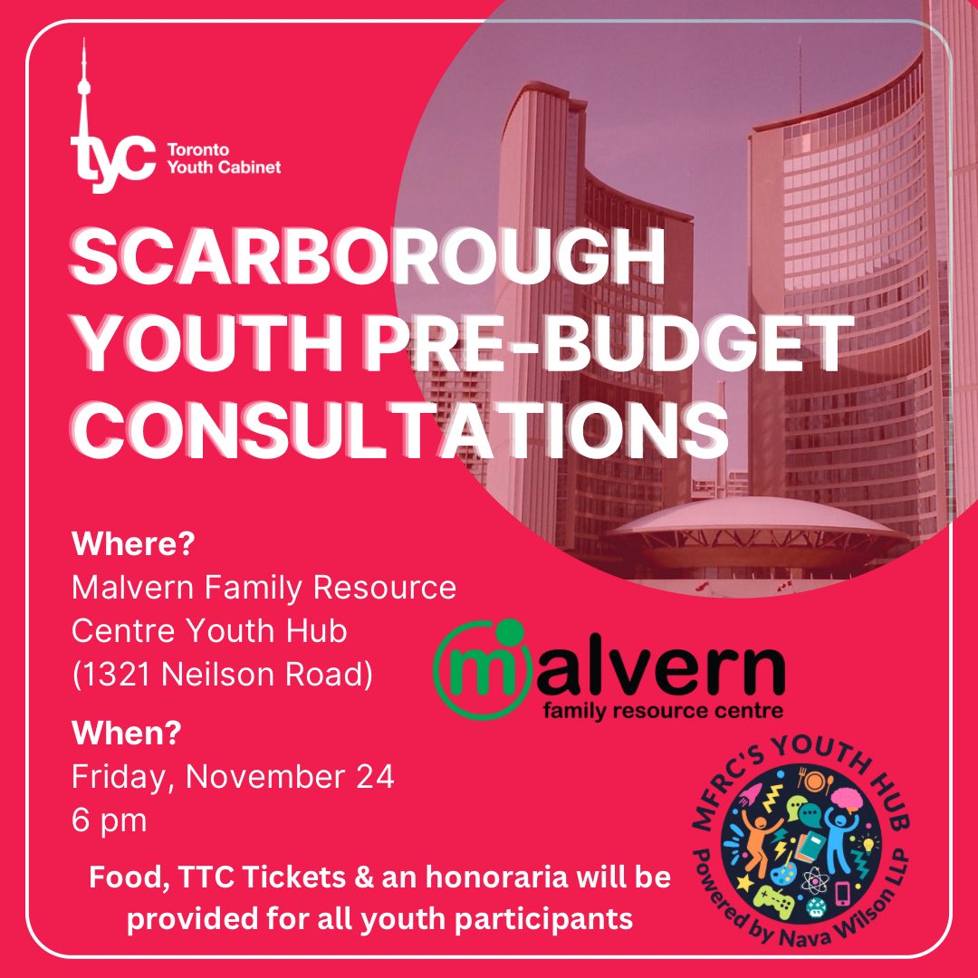 JOIN US TODAY! Are you an equity deserving youth? Do you want to have a say in the City of Toronto’s Budget? This is your opportunity! Our first stop will be in Scarborough for our youth pre-budget consultations - hope to see you there!