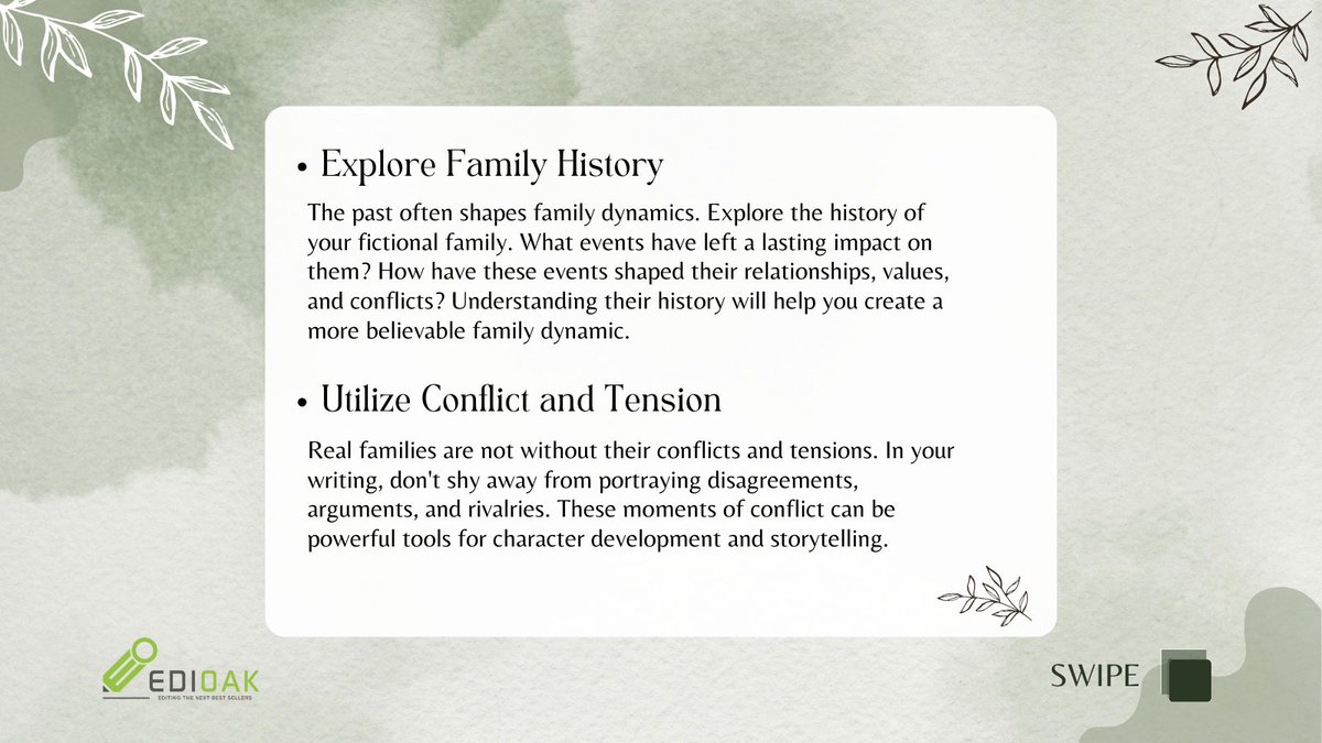 EdioakEdits's tweet image. Explore the magic of family bonds: Crafting believable dynamics in your story adds depth, and authenticity, and captivates your readers.
#WritingTips #BookIdeas #CreativityBoost #WritingCommunity #AuthorLife #WritingInspiration #WritingGoals #BookWriting #WriteNow #amwriting