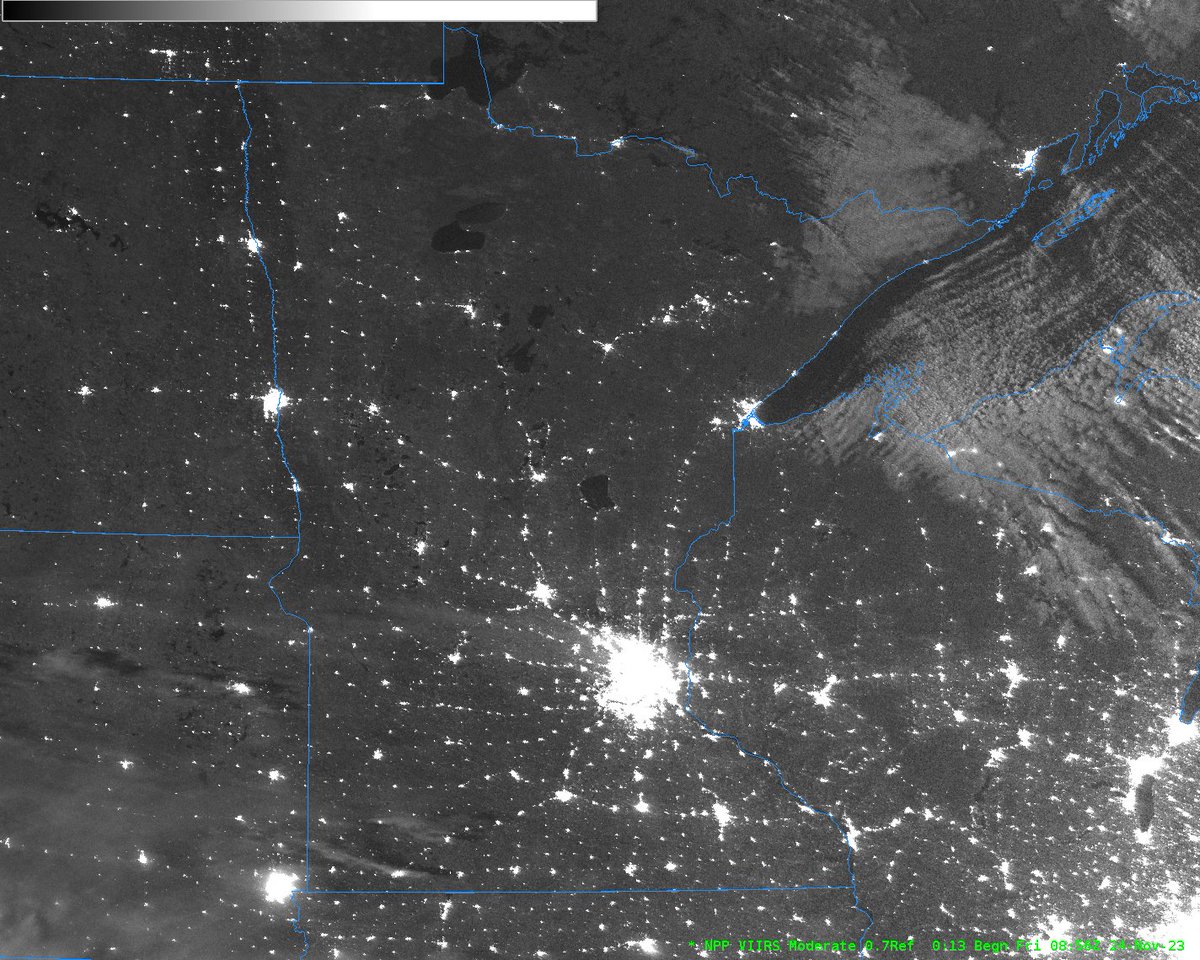 NWSTwinCities's tweet photo. Clear skies overnight allowed for a nice look at city/town lights around the area. This image from the Visible Infrared Imaging Radiometer Suite (VIIRS) was taken around 3 AM CDT. Can you find your town? https://t.co/QxLdCvR3ub