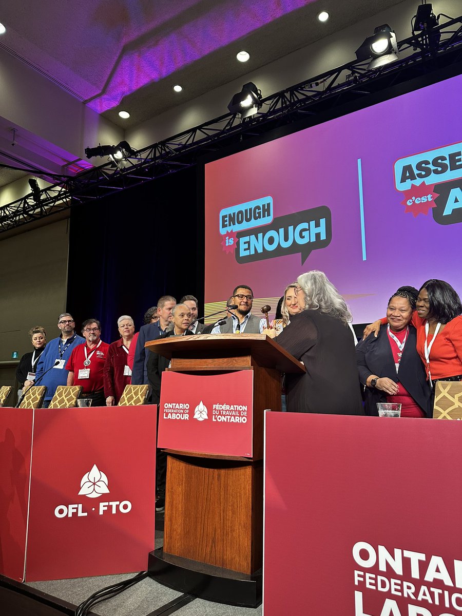 Last day of #OFL2023 Convention: Swearing-in of Officers. @Pattycoates passes on the gavel to our newly elected president @waltonmom. #EnoughIsEnoughON #OnLab