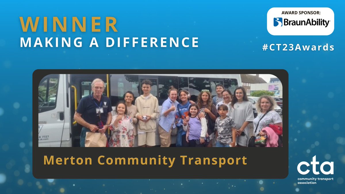 CTAUK1's tweet photo. The winner of the Making a Difference is Merton Community Transport 🏆

Congrats @MertonCT! Thanks to @BraunAbility + @BraunAbilityEU for sponsoring this award.

#CT23 https://t.co/WdYytrKnlO