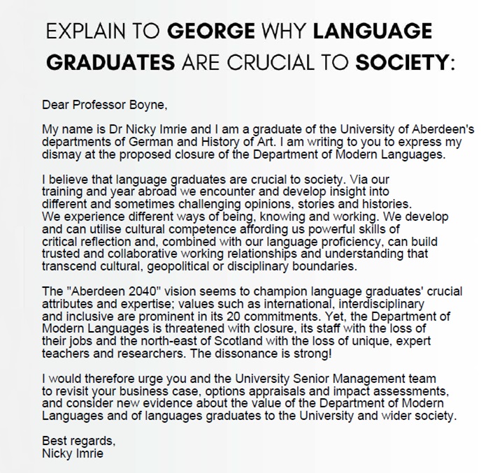 The High Heiduns @uniaberdeen propose closing Dept of Modern Languages. Here are my contributions to #SaveUOALanguages campaign. 
#CallingChris #Card2Karl #Greetings2George

@GermanAbdn @UoA_LLMVC @UCFLangs @PerformtheEast 

Please DM for details; texts are too long for ALT.