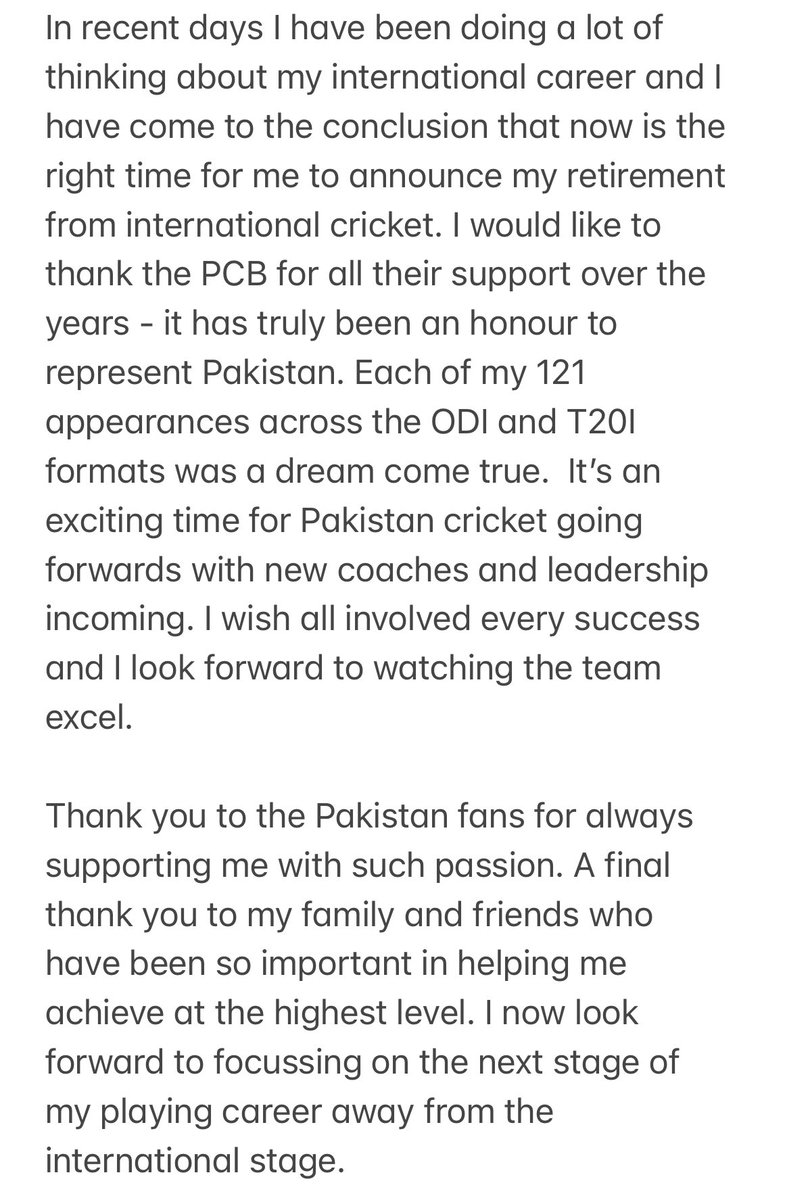 SportsFM94's tweet photo. All-rounder Imad Wasim announces retirement from International Cricket https://t.co/PDzqChaAXB