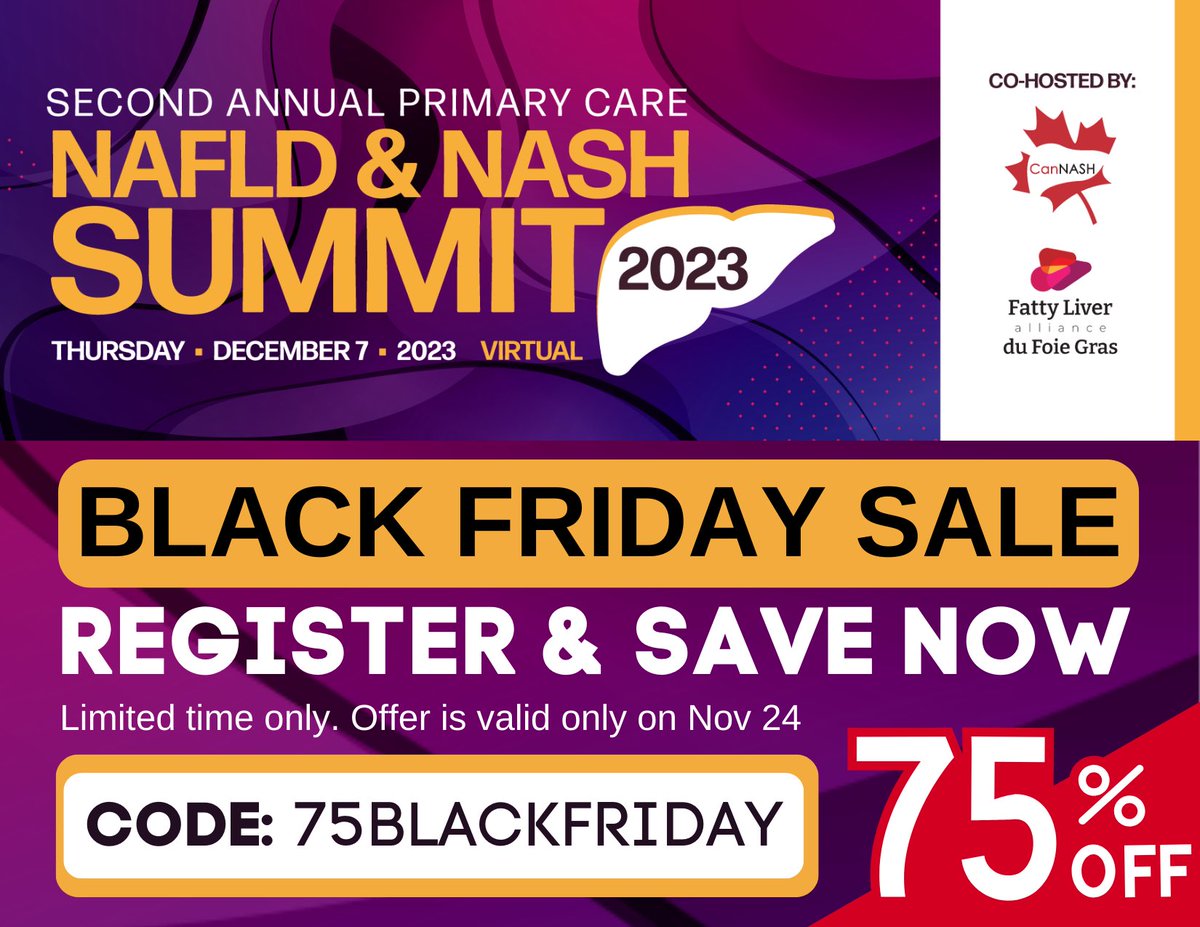 Michael Betel (@betelm) on Twitter photo It’s Black Friday and the only chance you will have to save 75% off the registration for our Second Annual Primary Care NAFLD and NASH Summit. 
Link to register: pheedloop.com/nash2023/site/…
Code for today only is 75BLACKFRIDAY
Program info here: nafld-nashpcsummit.ca It’s Black Friday and the only chance you will have to save 75% off the registration for our Second Annual Primary Care NAFLD and NASH Summit. 
Link to register: pheedloop.com/nash2023/site/…
Code for today only is 75BLACKFRIDAY
Program info here: nafld-nashpcsummit.ca