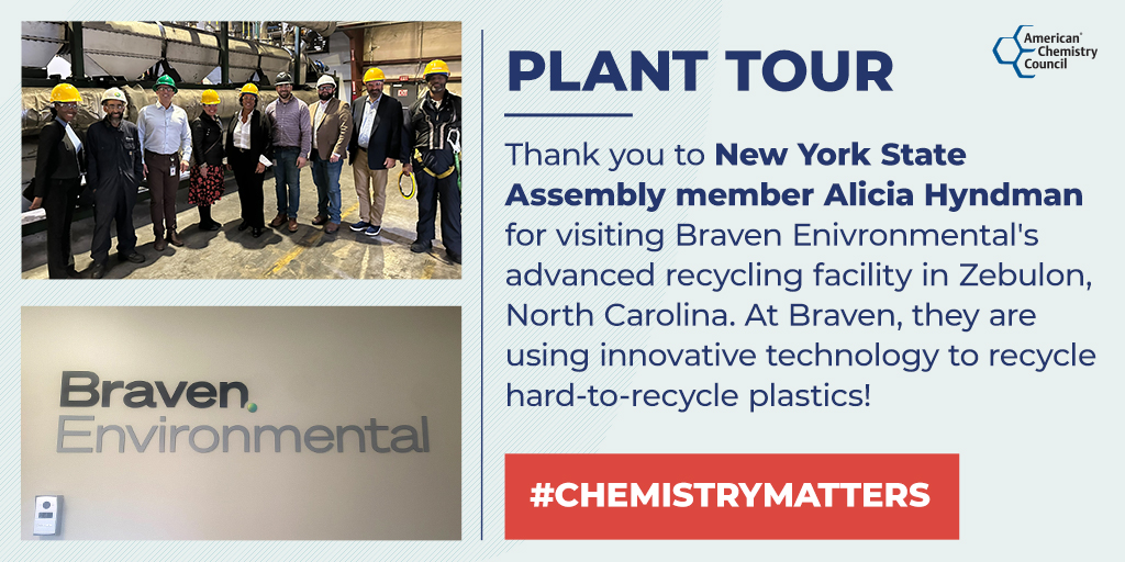 Thank you to New York State Assembly member <a href="/AliciaHyndman/">Alicia Hyndman</a> for visiting <a href="/BravenEnvirnmnt/">Braven Environmental</a>'s advanced recycling facility in Zebulon, North Carolina. At Braven, they are using innovative technology to recycle hard-to-recycle plastics!