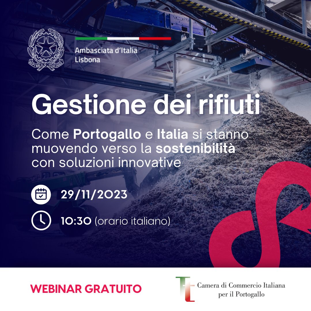 Camera di Commercio Italiana per il Portogallo (@cciportogallo) on Twitter photo “Gestione dei rifiuti: come Portogallo e Italia si stanno muovendo verso la sostenibilità con soluzioni innovative” | #Webinar gratuito
🗓️ 29 novembre alle 10:30 (orario italiano)
Iscrizioni: …nar-gestione-dei-rifiuti.grwebsite.eu
<a href="/ItalyinPortugal/">Italy in Portugal</a> “Gestione dei rifiuti: come Portogallo e Italia si stanno muovendo verso la sostenibilità con soluzioni innovative” | #Webinar gratuito
🗓️ 29 novembre alle 10:30 (orario italiano)
Iscrizioni: …nar-gestione-dei-rifiuti.grwebsite.eu
<a href="/ItalyinPortugal/">Italy in Portugal</a>