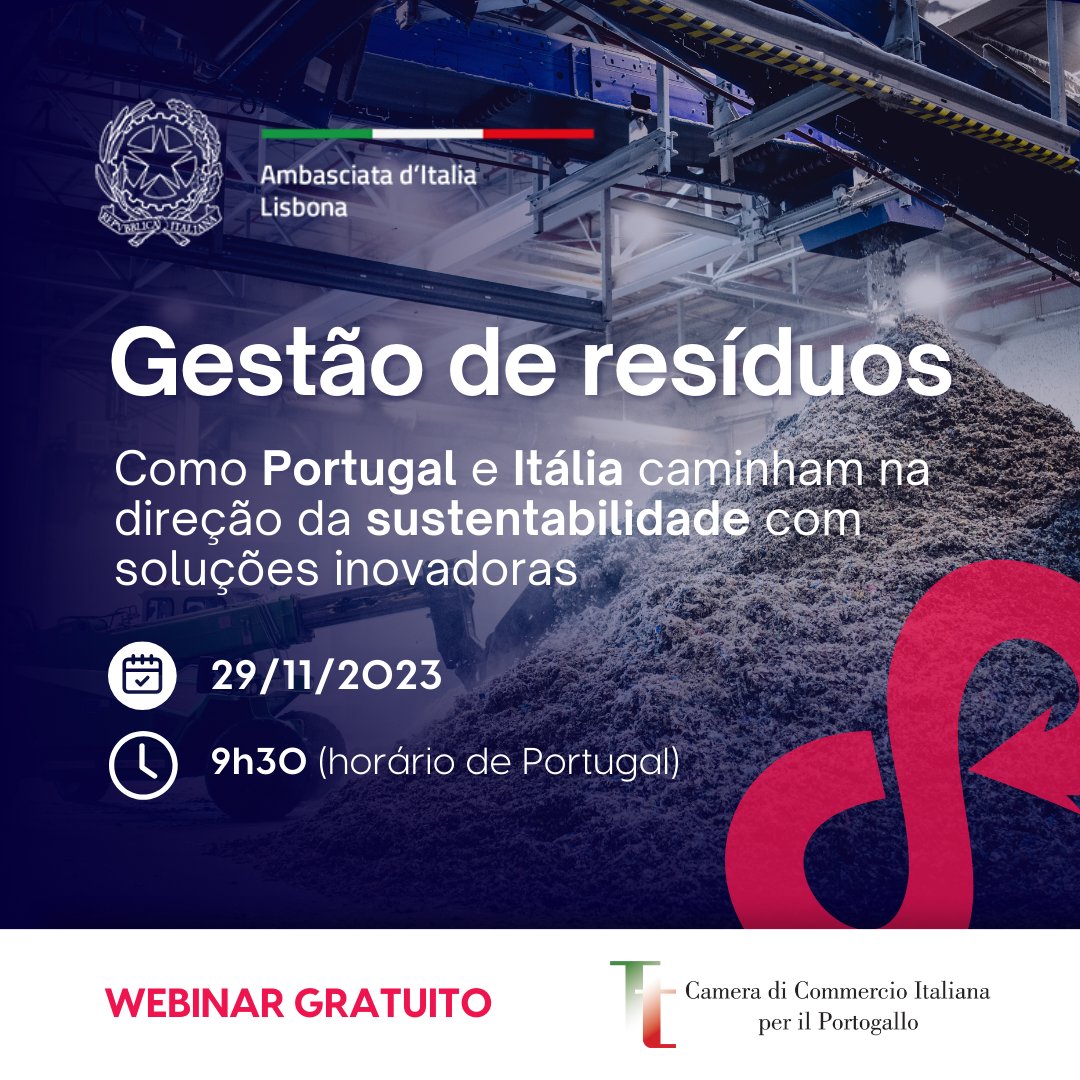 Camera di Commercio Italiana per il Portogallo (@cciportogallo) on Twitter photo "Gestão de resíduos: como Portugal e Itália caminham na direção da sustentabilidade com soluções inovadoras" | #Webinar gratuito
📆 29 de novembro, às 9h30 (horário de Portugal)
Registo: …binar-gestao-de-residuos.grwebsite.eu
<a href="/ItalyinPortugal/">Italy in Portugal</a> "Gestão de resíduos: como Portugal e Itália caminham na direção da sustentabilidade com soluções inovadoras" | #Webinar gratuito
📆 29 de novembro, às 9h30 (horário de Portugal)
Registo: …binar-gestao-de-residuos.grwebsite.eu
<a href="/ItalyinPortugal/">Italy in Portugal</a>