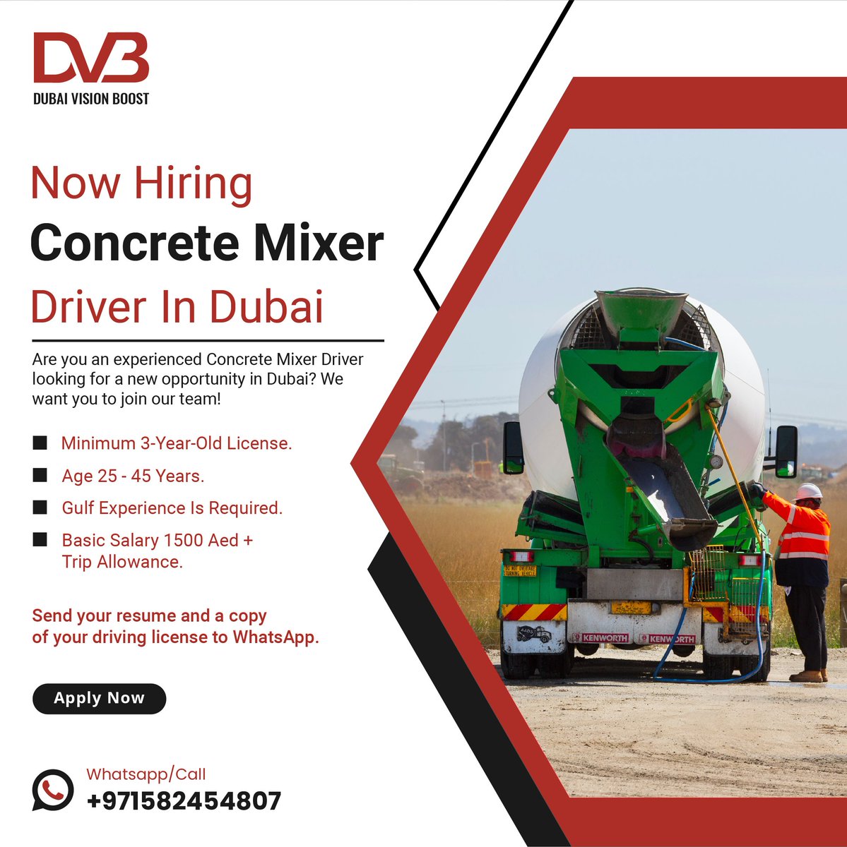 DvbDubai's tweet photo. 🚛 Job Opportunity in Dubai: Concrete Mixer Driver Wanted! 🚛
Send your resume and a copy of your driver's license to WhatsApp. Please include 
Join us in building a strong foundation for the future! 🏗️ #DubaiJobs #ConcreteMixerDriver #HiringNow 
https://t.co/hyURxdMUKZ https://t.co/Sc52eotBuU