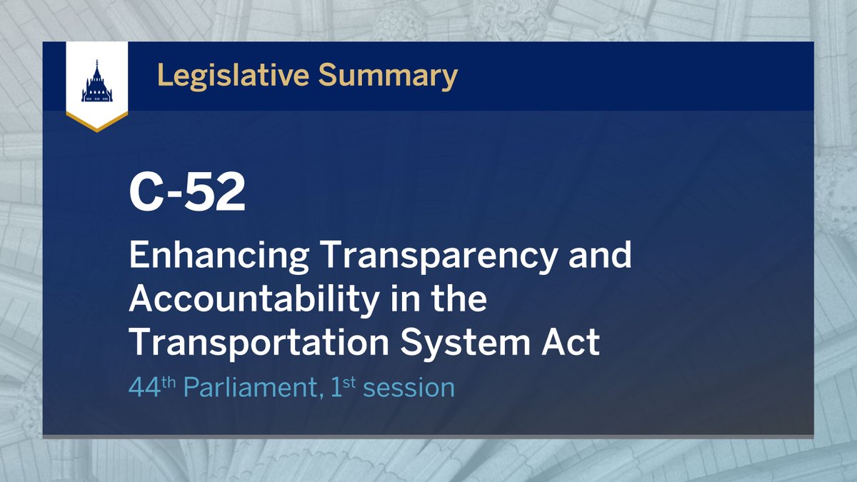 LibraryParlCA's tweet photo. A legislative summary of Bill #C52: An Act to enact the Air Transportation Accountability Act and to amend the Canada Transportation Act and the Canada Marine Act is now available. To learn more: https://t.co/ihbDEws4ug #HoC #SenCA https://t.co/pFTyFtwEHH
