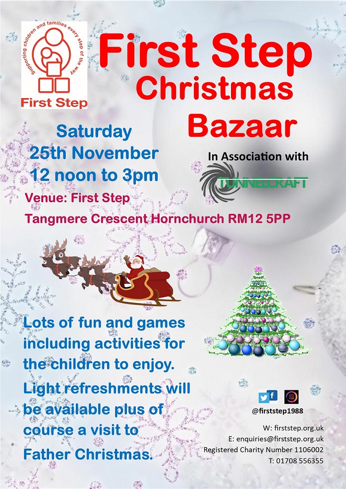 First Step Christmas Bazaar TOMORROW! Dust off those Christmas hats and join us for some fun 😊Come and say hello to Father Christmas at First Step Tangmere Crescent RM12 5PP - 12 to 3pm (Sat 25th Nov). Games, tombolas plus light refreshments and tasty treats. See you there! 🎄