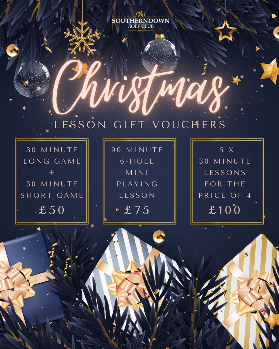 One month countdown is here! 🎁

Give the gift of golf this Christmas with lesson packages from our Professional Team.

📞 01656 881112 
📧 proshop@southerndowngolfclub.com