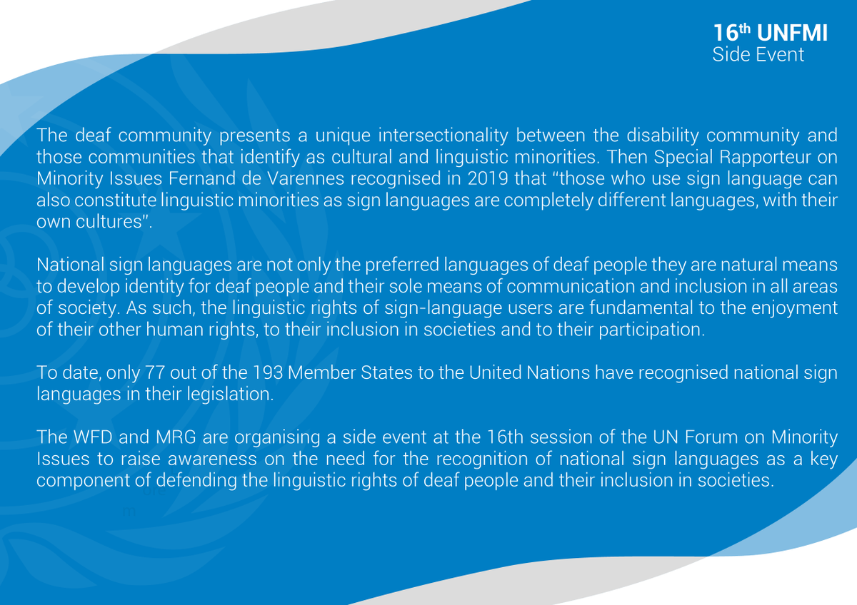 WFD and <a href="/MinorityRights/">Minority Rights Group</a> will be hosting a side event at the UN Forum on Minority Issues in <a href="/UNGeneva/">United Nations Geneva</a> 
"Recognising national sign languages rights to ensure the inclusion of deaf people from a linguistic minority perspective”
📅 1 December 2023 2pm
📍Palais des Nations Room XXIII