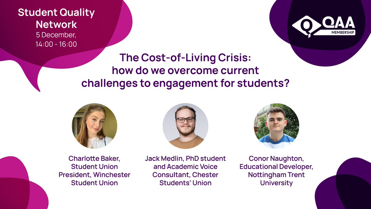 QAAtweets's tweet photo. Sign up for our Student Quality Network on 5 December to hear our panel of @WinchesterPres, @jackmedlin and @ConorNaughton_ discuss the topic of engaging students in learning and teaching, and how to overcome barriers.

👉 https://t.co/McvvVPCrGA https://t.co/kqHaxOmriG