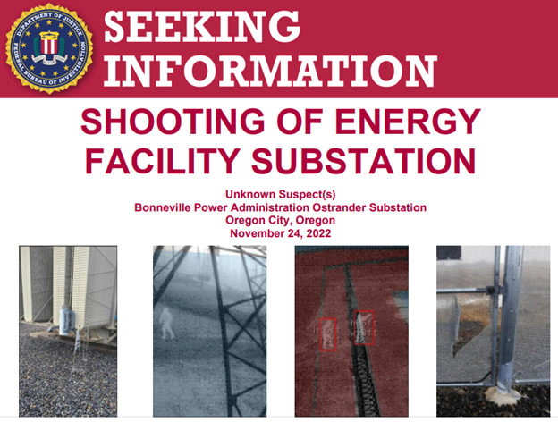 The #FBI is offering a reward of up to $25,000 for info leading to the identification, arrest, and conviction of the individuals responsible for shooting at an energy facility substation in Oregon City, Oregon, around 1:40 a.m., on November 24, 2022: fbi.gov/wanted/seeking…