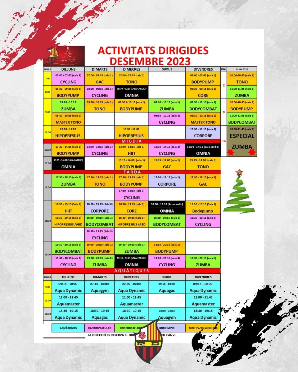 📝 HORARIS ACTIVITATS DIRIGIDES DEL DESEMBRE 🎄

+𝟕𝟎 𝐜𝐥𝐚𝐬𝐬𝐞𝐬 𝐬𝐞𝐭𝐦𝐚𝐧𝐚𝐥𝐬

🧐 També a reusdeportiu.org/horaris/

#DirigidesRD #ForçaReus