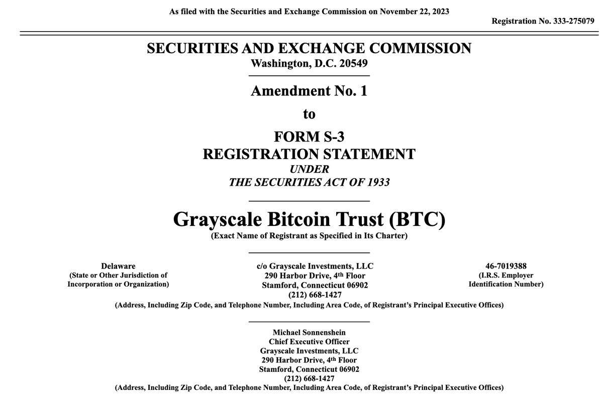 Brown6277985278's tweet photo. JUST IN: 🇺🇸 Grayscale files updated version of its spot #Bitcoin ETF application with the SEC 👀 https://t.co/4mDMhv5XtZ