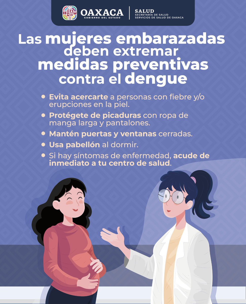 Juris_05SSO's tweet image. 🤰🏻Si estás #embarazada, extrema medidas contra el #dengue 🦟

🏥Ante cualquier signo o síntoma de alarma, acude a tu unidad de salud más cercana para un diagnóstico y tratamiento oportuno.

¡No faltes a tu #ControlPrenatal!