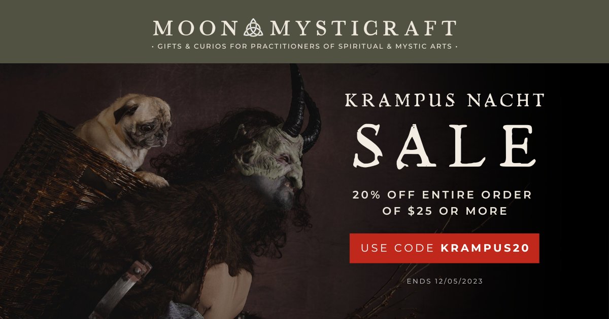 👹 ✨THE KRAMPUS NACHT SALE IS HERE! ✨👹
20% OFF on orders $25 or more 🌟 Promo Code KRAMPUS20 
#KrampusNach #Sale #BlackFriday #MoonMysticraft #OccultShop #Witchcraft #Reiki #Divination #Crystals #Spells #Pagan #Candles #Krampus #NewAge #Manifestation #LOA #Tarot #Runes