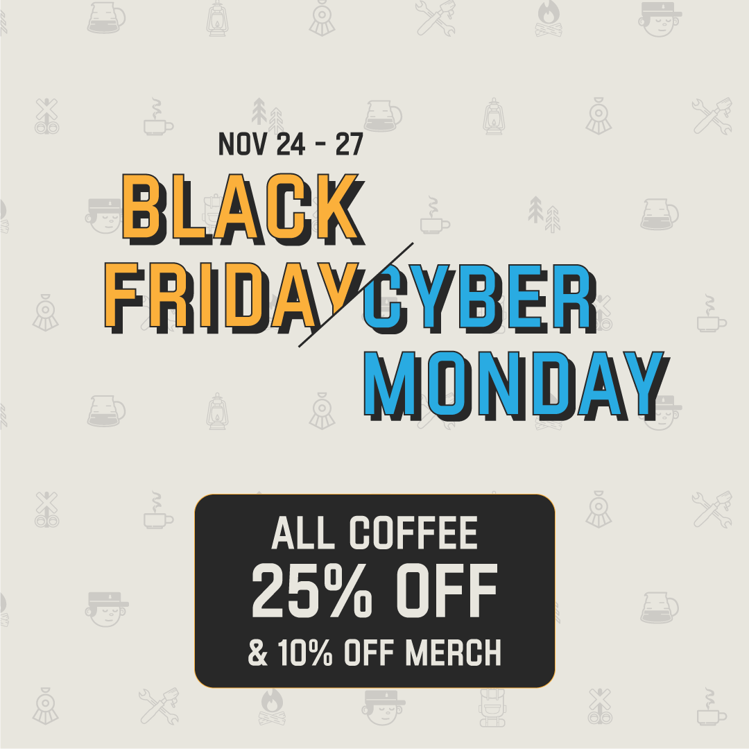 Timbertrain's tweet photo. Our Black Friday Cyber Monday Sale is ON NOW!

From today, Friday, November 24th, until Monday, November 27th:

Enjoy 25% off all coffee and 10% off on all branded merchandise! 🤑

Shop the sale both in-stores and online! 🥳☕️

https://t.co/GhGQryTpPm https://t.co/X7yKTy4eWp