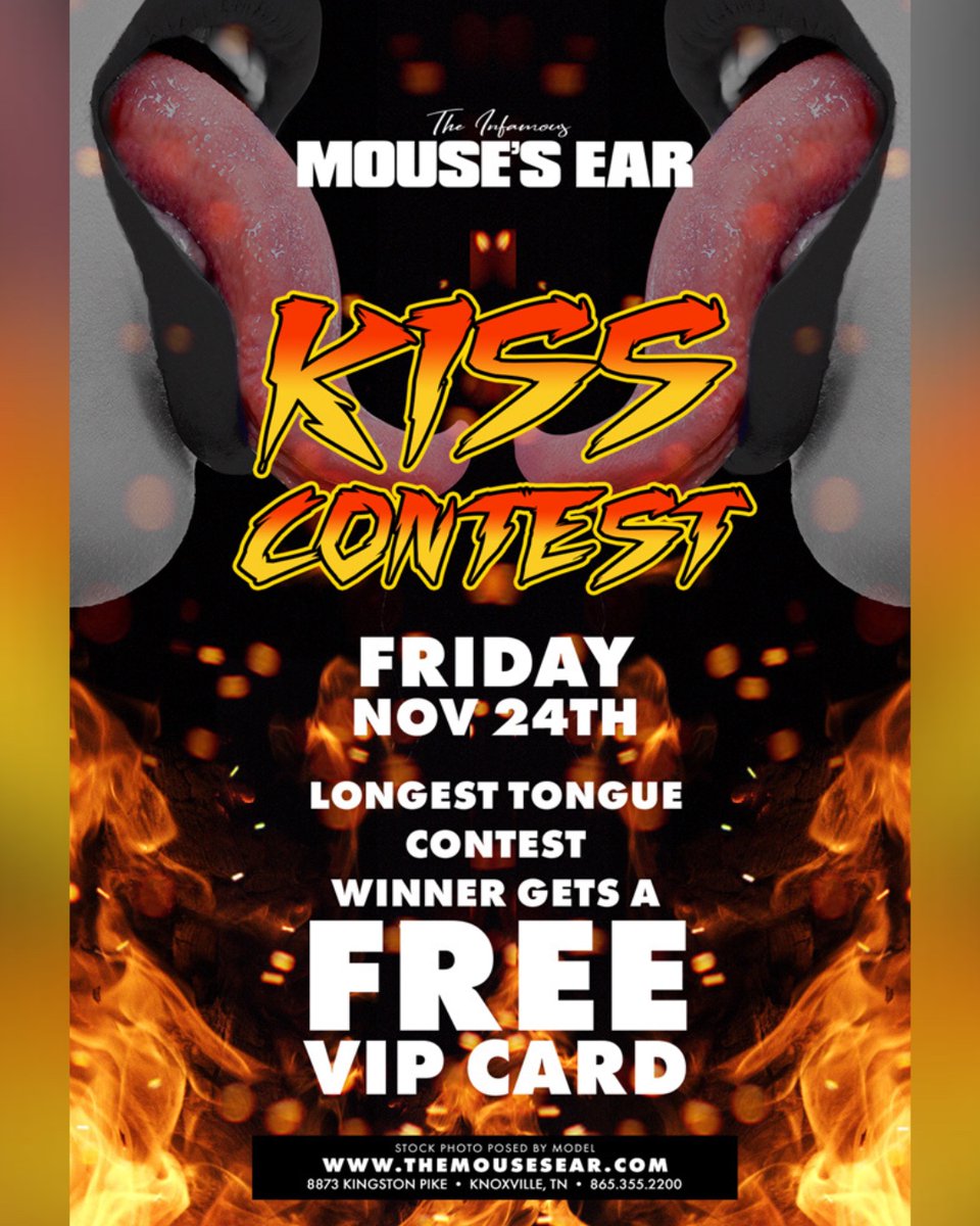 Are you ready to show off your long tongue? 🤔 👅
Come on down to @MousesEarKnoxTN in Knoxville on Nov 24 for our #LongestTongue Contest for a chance to win a FREE VIP card! 🤩 Who will take home the title? 🤩 
.
.
.
#KISSContest #FreeVIP #TheMousesEar #Knoxville #Tongue