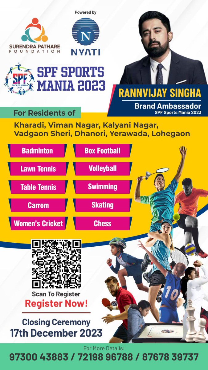 🏆✨Join the ultimate sports event in East Pune! SPF Sports Mania 2023 &amp; KHSWA is calling all sports enthusiasts to participate in 10 thrilling tournaments.Let's unite in the spirit of competition &amp; camaraderie🤝
Register Now:rb.gy/irdvq3
#SPFsport #SPFSportMania2023
