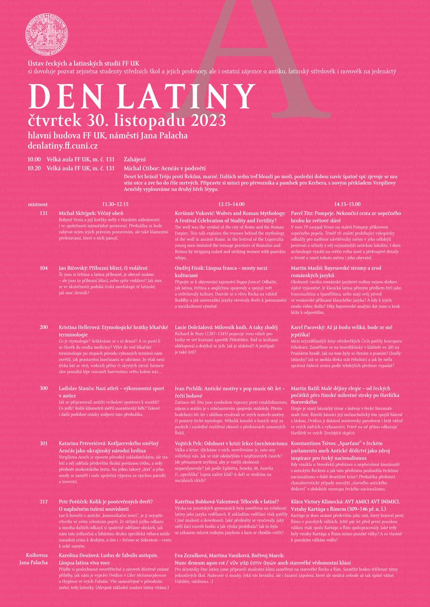 FF_CUNI's tweet image. Latina jako brána do mnoha humanitních i uměleckých oborů. 👥 Ústav řeckých a latinských studií FF UK vás zve na Den latiny, který se uskuteční 30. 11. na hlavní budově FF UK. Zájemce o antiku, latinský středověk i novověk čeká více jak 20 přednášek. ff.cuni.cz/2023/11/celode…