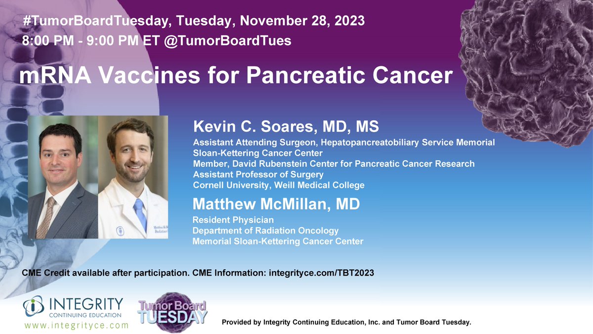 #TumorBoardTuesday 
We are coming to the end of #PancreaticCancer  Awareness Month💜

📢Join us Tuesday, 11-28-23 at 8PM ET as <a href="/KevinCSoaresMD/">Kevin Soares</a> &amp; <a href="/MattMcMillanMD/">Matthew McMillan, MD</a> 🗣️mRNA🧬vaccines as treatment for #PancreaticCancer 

RT and bring others into the discussion‼️