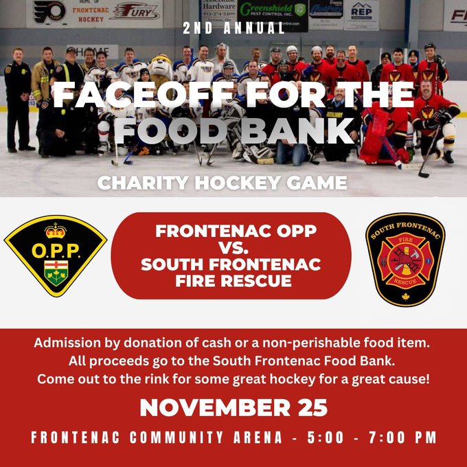 Frontenac_Arena's tweet photo. Face Off for the Food Bank is this Saturday Nov 25 from 5-7 pm. Come out and watch the South Frontenac Fire &amp; Rescue crew take on the OPP. https://t.co/ODBDJZDnnL