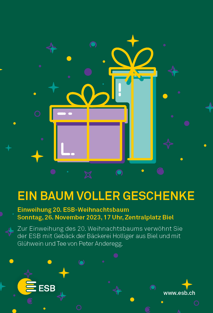 Es ist soweit - der ESB freut sich, mit Gross und Klein die Vorweihnachtszeit einzuläuten! Heute um 17 Uhr weihen wir offiziell den 20. ESB Weihnachtsbaum ein - kommt zahlreich zum Zentralplatz in Biel. Wir freuen uns auf euch!
