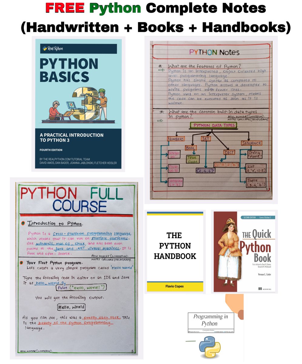 atulkumarzz's tweet image. 👁️ FREE Python Complete Notes (Handwritten + Basics + Handbooks) Resources 🔰 

💀 Python Basic Notes 
💀 Python Handwritten
💀 Programming

100% Free Don't Miss 👾

Simply:
1. Follow (So I Will Dm) 📥
2. Like and Repost
3. Comment “ Send ” to receive your copies!! 📚