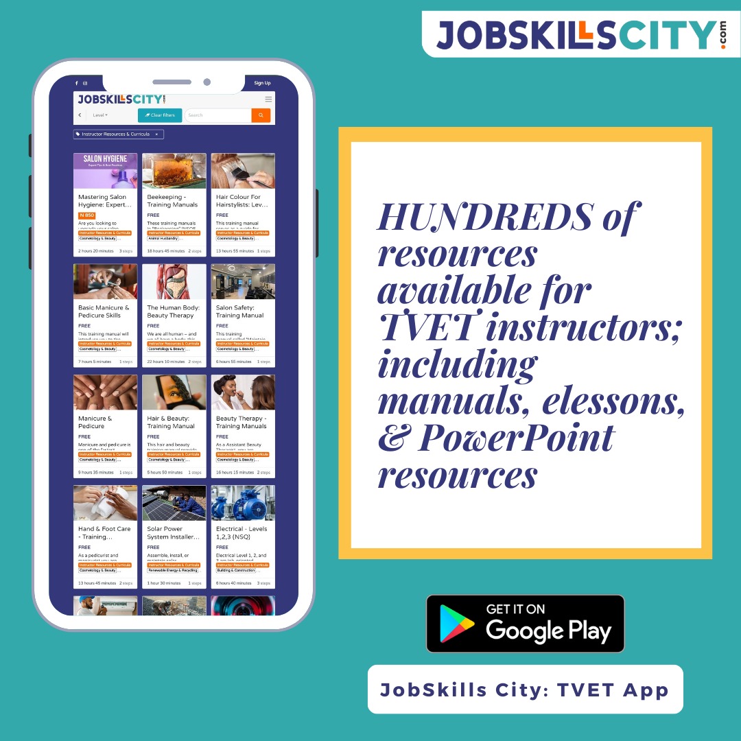 JobSkills City has HUNDREDS of valuable resources that cater to trainers in the Technical and Vocational fields. 📚💼

Download the JobSkills City TVET App now on Google Play or click on the link below or in our bio to get started 📲.

👇🏼
bit.ly/JobSkillsCityT…