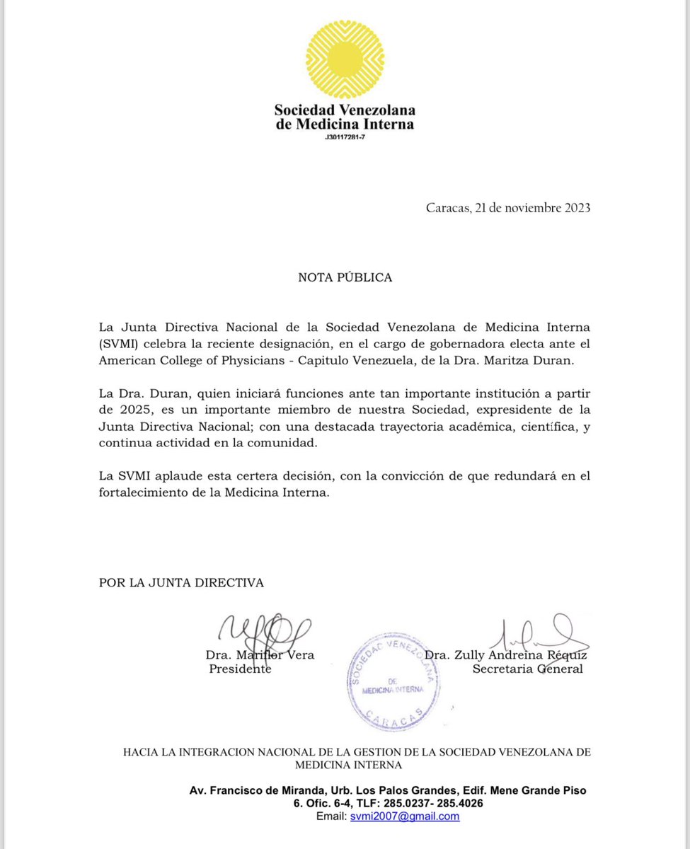 NOTA PÚBLICA ‼️

Celebramos la reciente designación, en el cargo de gobernadora electa ante el American College of Physicians - Capítulo Venezuela, de la Dra. Maritza Duran. 👩🏻‍⚕️✅